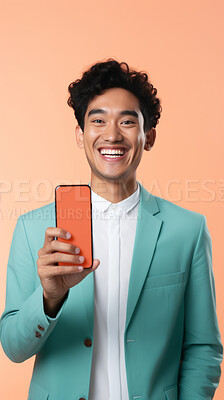 Buy stock photo Asian man, portrait and phone for social media app, internet and website on vibrant background mockup. Face, smile and happy gen z person with mobile technology for influencer blog post in studio