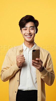 Buy stock photo Asian man, portrait and phone for social media app, internet and website on vibrant background mockup. Face, smile and happy gen z person with mobile technology for influencer blog post in studio