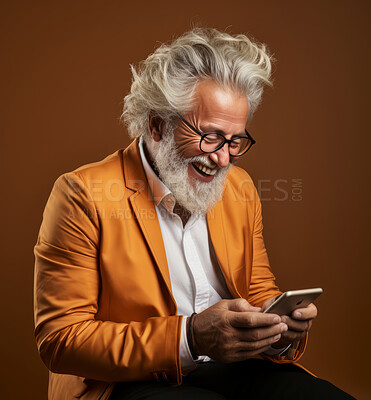 Senior man, business wear and phone for social media app, internet and website on brown background mockup. Face, smile and happy pensioner with mobile technology for influencer blog post in studio