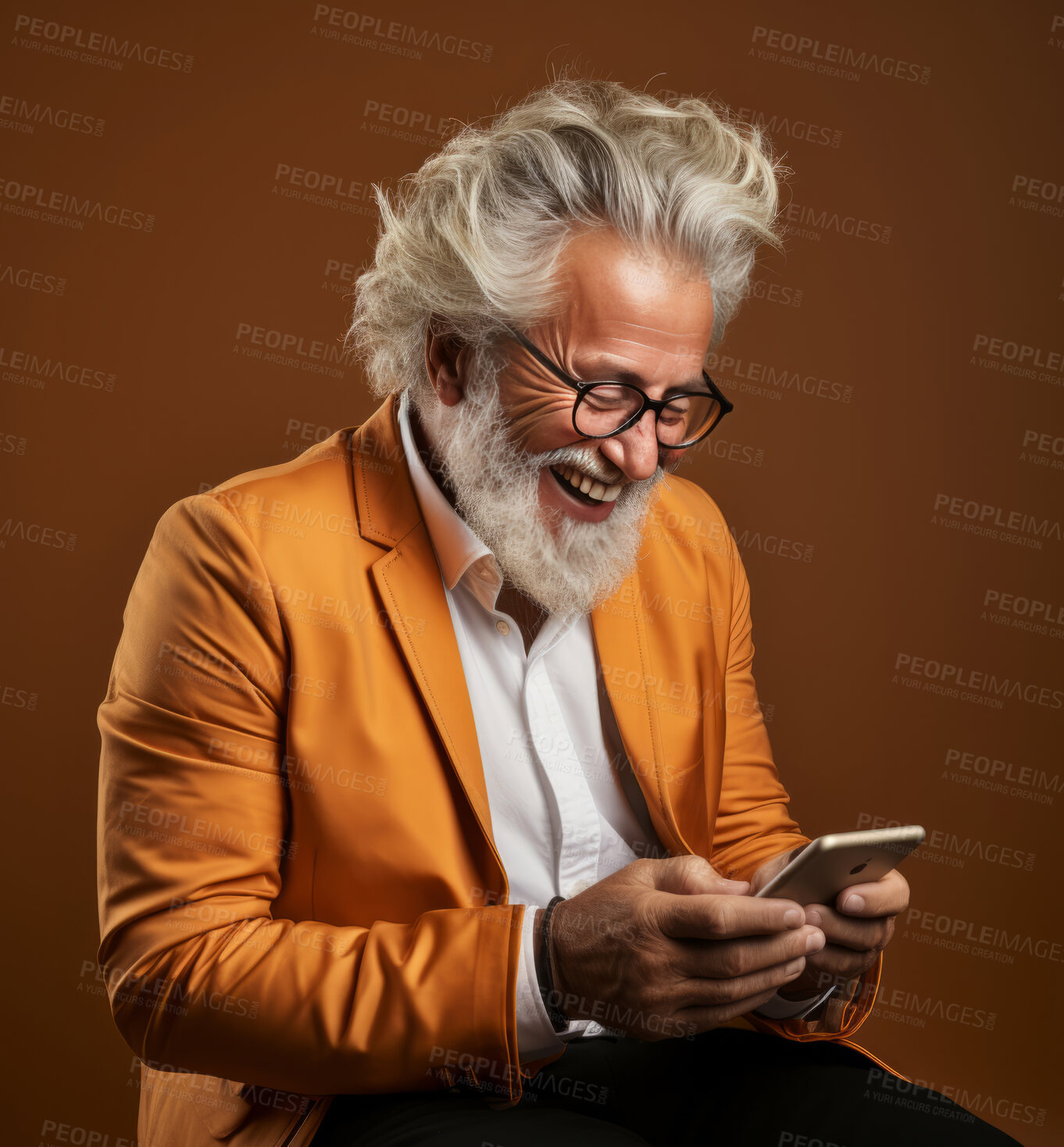 Buy stock photo Senior man, business wear and phone for social media app, internet and website on brown background mockup. Face, smile and happy pensioner with mobile technology for influencer blog post in studio