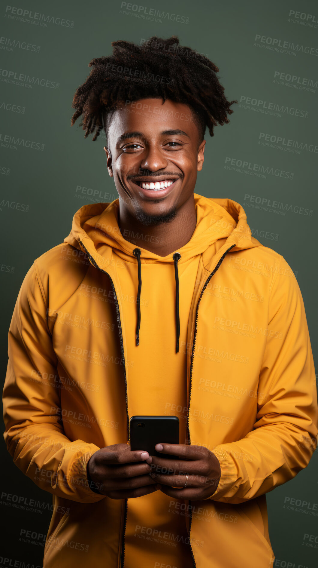 Buy stock photo Black man, phone and laughing on studio background for internet joke, meme and social media comedy. Smile, happy and funny gen z male person on mobile technology for website, humor and comic post