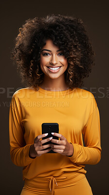 Buy stock photo Mixed race woman, portrait and phone for social media app, internet and website on dark background mockup. Face, smile and happy gen z person with mobile technology for influencer blog post in studio