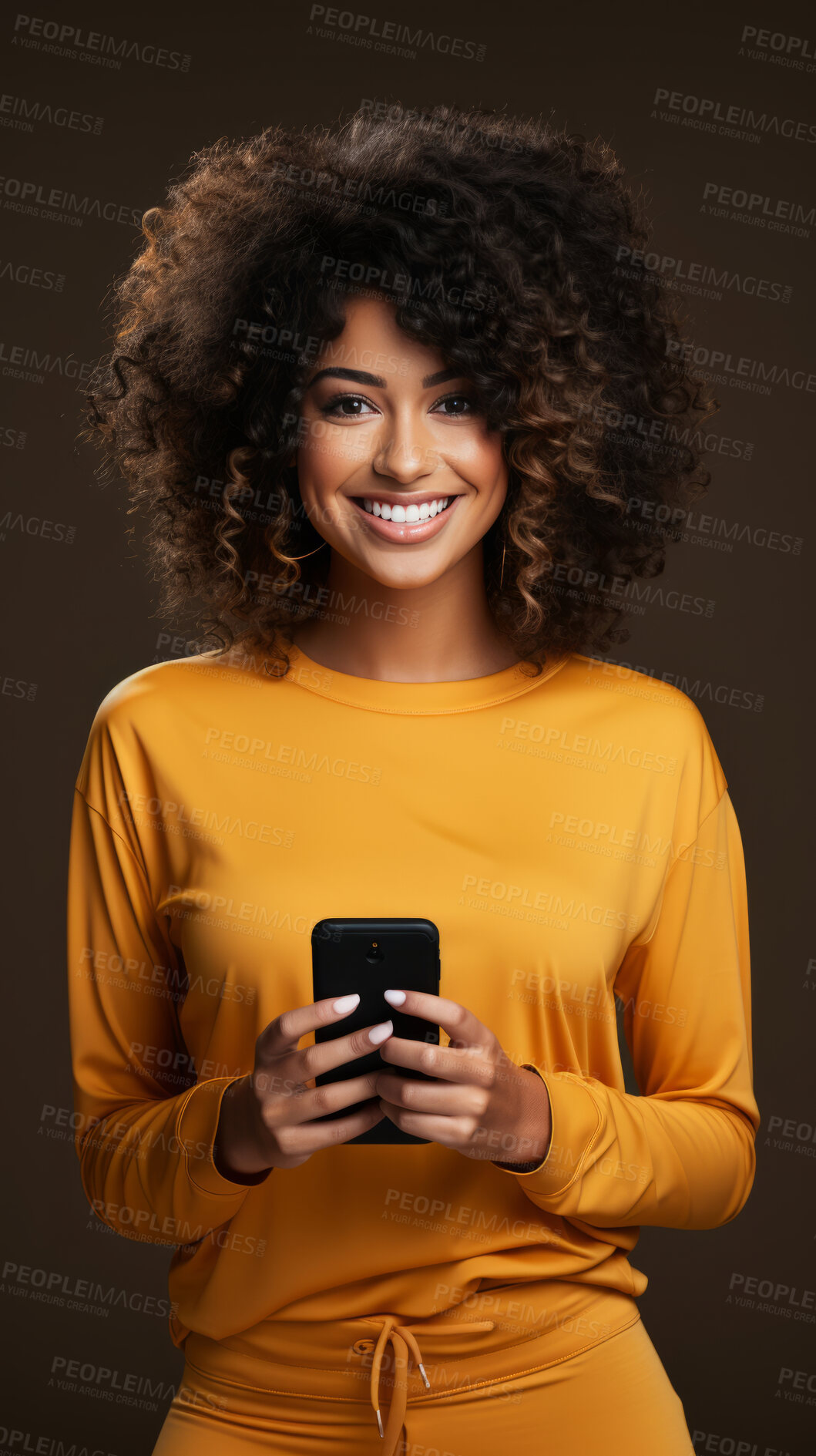 Buy stock photo Mixed race woman, portrait and phone for social media app, internet and website on dark background mockup. Face, smile and happy gen z person with mobile technology for influencer blog post in studio