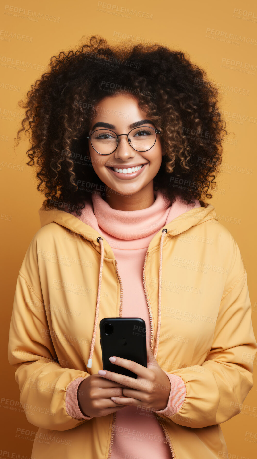 Buy stock photo Mixed race woman, portrait and phone for social media app, internet and website on dark background mockup. Face, smile and happy gen z person with mobile technology for influencer blog post in studio