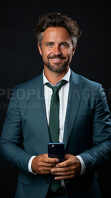 Business man, portrait and phone for social media app, internet and website on dark background mockup. Face, smile and happy professional person with mobile technology for influencer blog post in studio