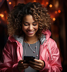 Mixed race woman, portrait and phone for social media app, internet and website on dark background mockup. Face, smile and happy gen z person with mobile technology for influencer blog post in studio