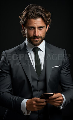 Business man, portrait and phone for social media app, internet and website on dark background mockup. Face, beard and serious professional person with mobile technology for influencer blog post in studio