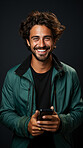 Caucasian man, portrait and phone for social media app, internet and website on dark background mockup. Face, smile and happy professional person with mobile technology for influencer blog post in studio