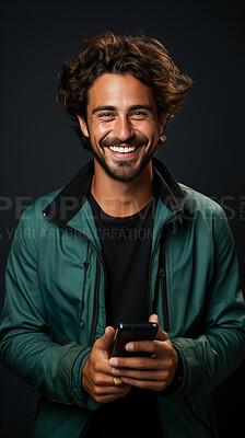 Caucasian man, portrait and phone for social media app, internet and website on dark background mockup. Face, smile and happy professional person with mobile technology for influencer blog post in studio