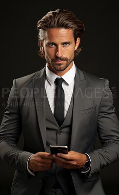 Business man, portrait and phone for social media app, internet and website on dark background mockup. Face, beard and serious professional person with mobile technology for influencer blog post in studio