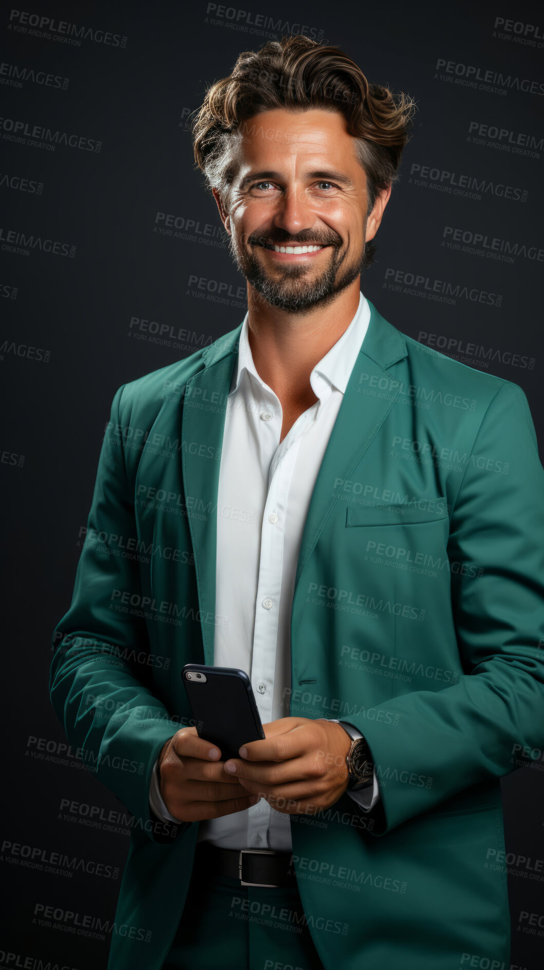 Buy stock photo Business man, portrait and phone for social media app, internet and website on dark background mockup. Face, smile and happy professional person with mobile technology for influencer blog post in studio