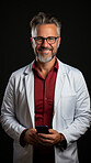 Doctor, phone and healthcare professional on dark background with device for music, social media video or funny meme. Face, smile and happy person with mobile technology for influencer blog post in studio