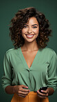 Mixed race woman, portrait and phone for social media app, internet and website on dark background mockup. Face, smile and happy gen z person with mobile technology for influencer blog post in studio