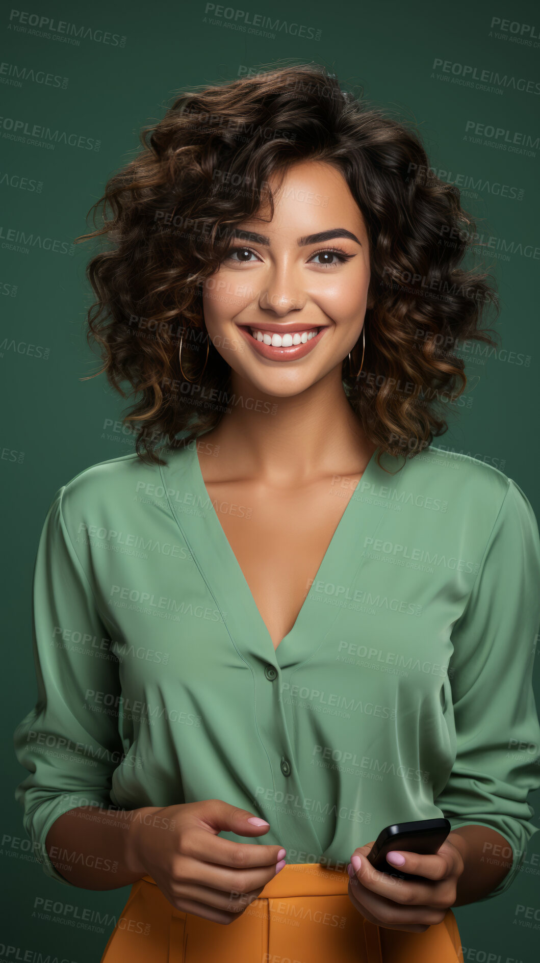 Buy stock photo Mixed race woman, portrait and phone for social media app, internet and website on dark background mockup. Face, smile and happy gen z person with mobile technology for influencer blog post in studio