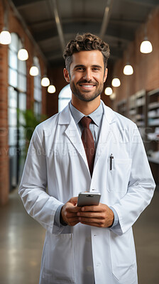 Man, doctor and phone for social media app, internet and website on hospital background mockup. Face, smile and happy gen z person with mobile technology for influencer blog post in medical facility.