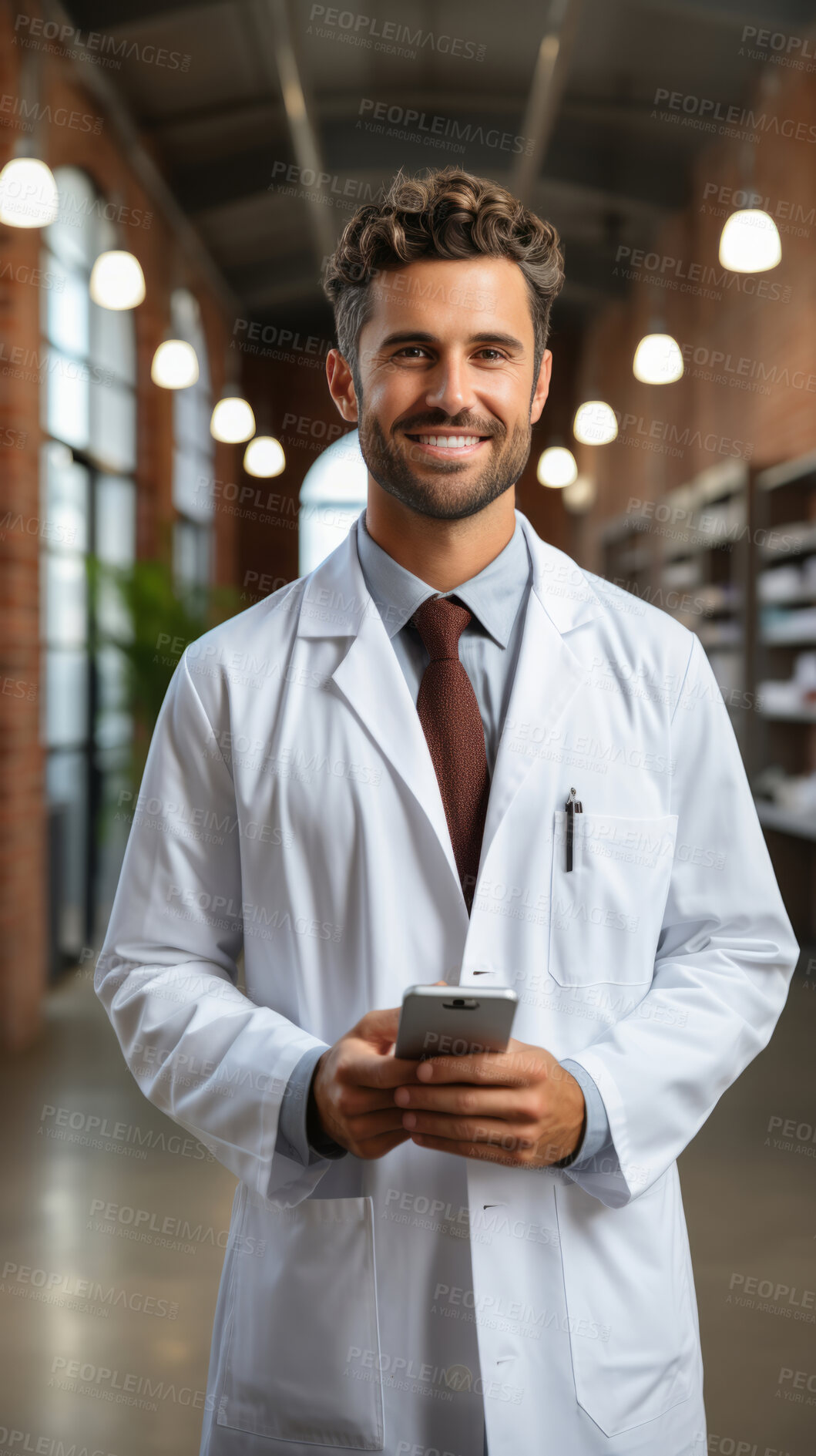 Buy stock photo Man, doctor and phone for social media app, internet and website on hospital background mockup. Face, smile and happy gen z person with mobile technology for influencer blog post in medical facility.