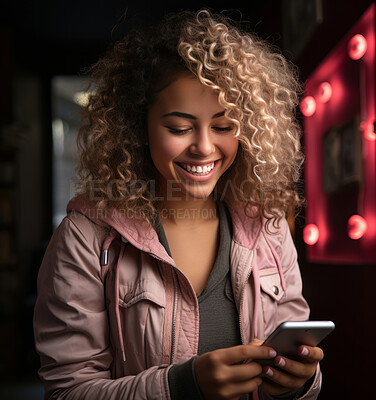 Mixed race woman, night club and phone for social media app, internet and website on dark background mockup. Face, smile and happy gen z person with mobile technology for influencer blog post in room