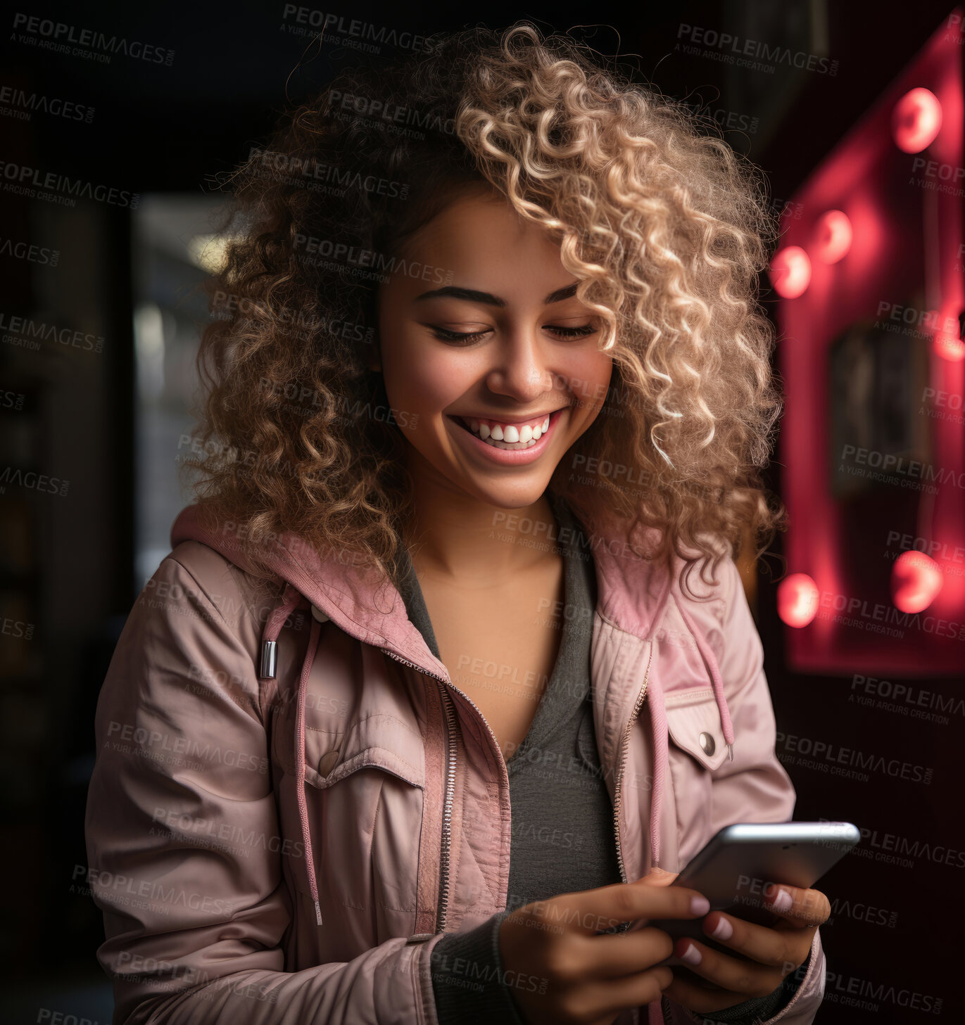 Buy stock photo Mixed race woman, night club and phone for social media app, internet and website on dark background mockup. Face, smile and happy gen z person with mobile technology for influencer blog post in room