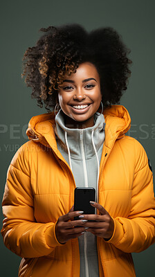 Mixed race woman, portrait and phone for social media app, internet and website on dark background mockup. Face, smile and happy gen z person with mobile technology for influencer blog post in studio
