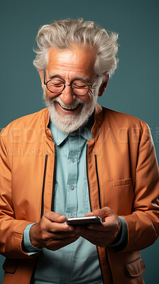 Senior man, portrait and phone for social media app, internet and website on color background mockup. Face, smile and happy pensioner with mobile technology for influencer blog post in house with bokeh background