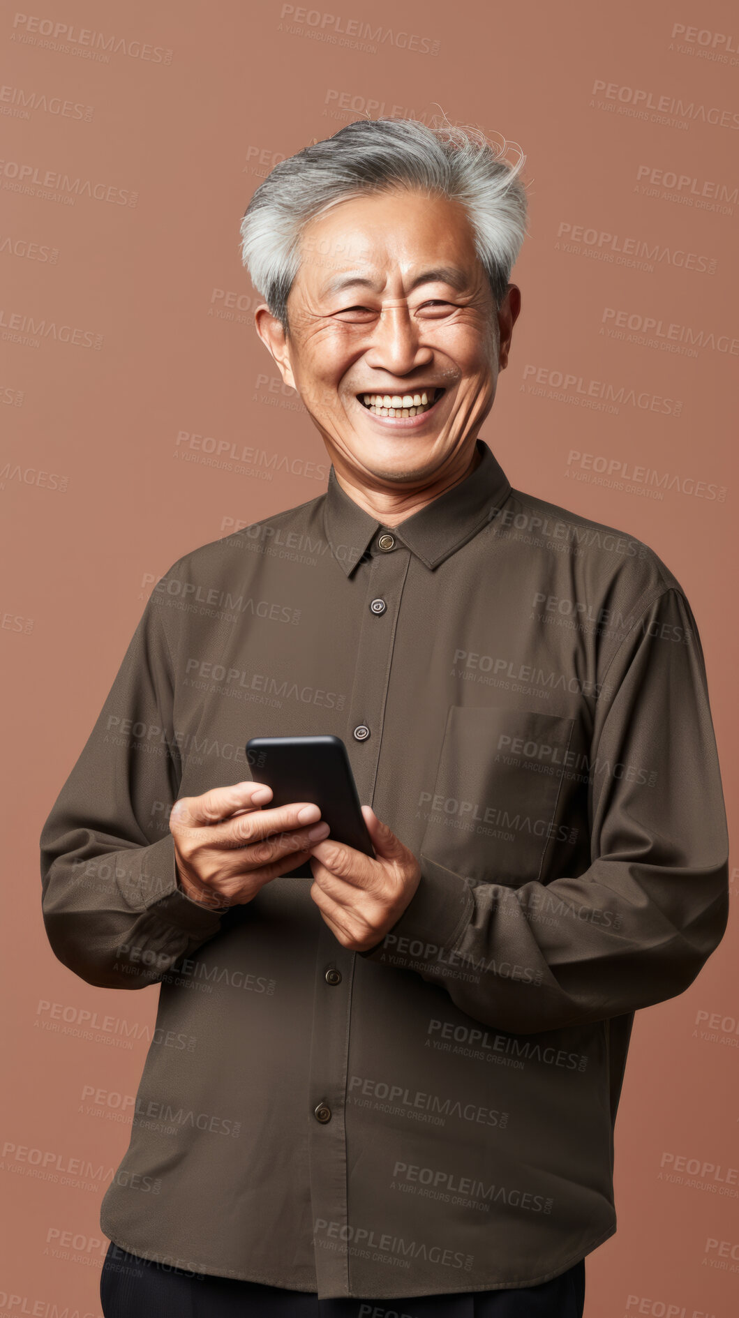 Buy stock photo Senior asian man, portrait and phone for social media app, internet and website on color background mockup. Face, smile and happy pensioner with mobile technology for influencer blog post in house with bokeh background