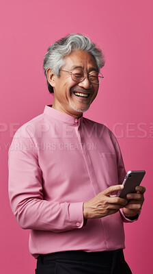Senior asian man, portrait and phone for social media app, internet and website on color background mockup. Face, smile and happy pensioner with mobile technology for influencer blog post in house with bokeh background