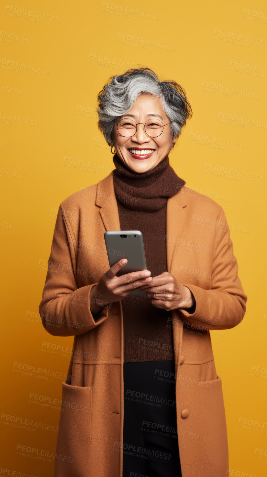 Buy stock photo Senior asian woman, phone and glasses in mock-up with device music, social media video or funny meme. Happy pensioner laughing for audio tech, internet post and cellphone in studio with vibrant colour