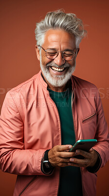 Senior man, portrait and phone for social media app, internet and website on color background mockup. Face, smile and happy pensioner with mobile technology for influencer blog post in house with bokeh background