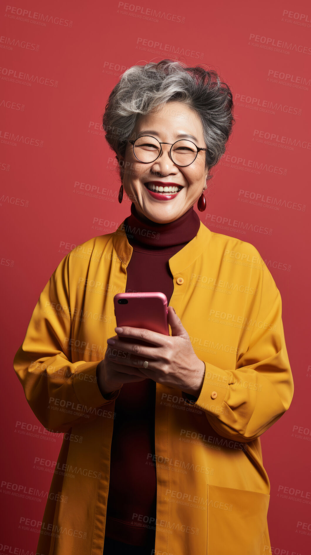 Buy stock photo Senior asian woman, phone and glasses in mock-up with device music, social media video or funny meme. Happy pensioner laughing for audio tech, internet post and cellphone in studio with vibrant colour