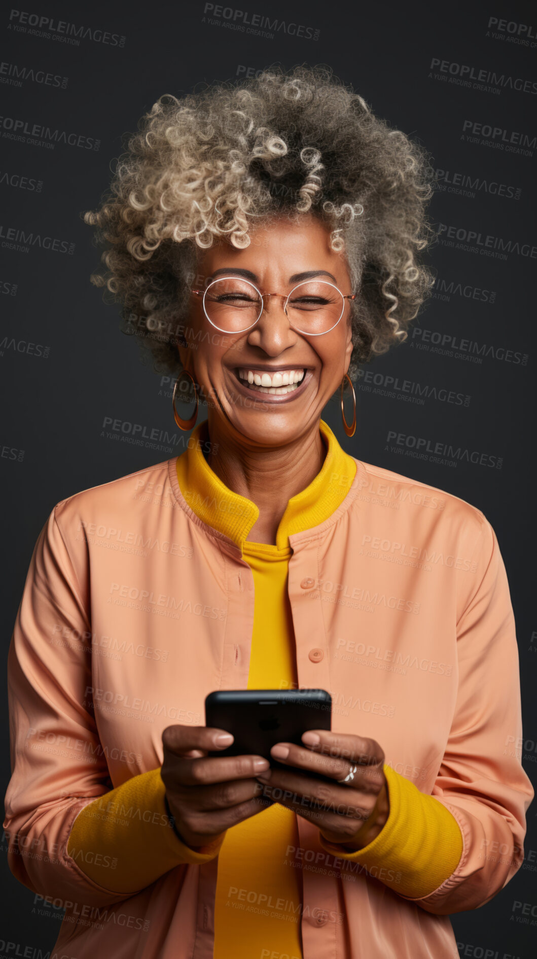 Buy stock photo Senior african woman, portrait and phone for social media app, internet and website on color background mockup. Face, smile and happy pensioner with mobile technology for influencer blog post in house