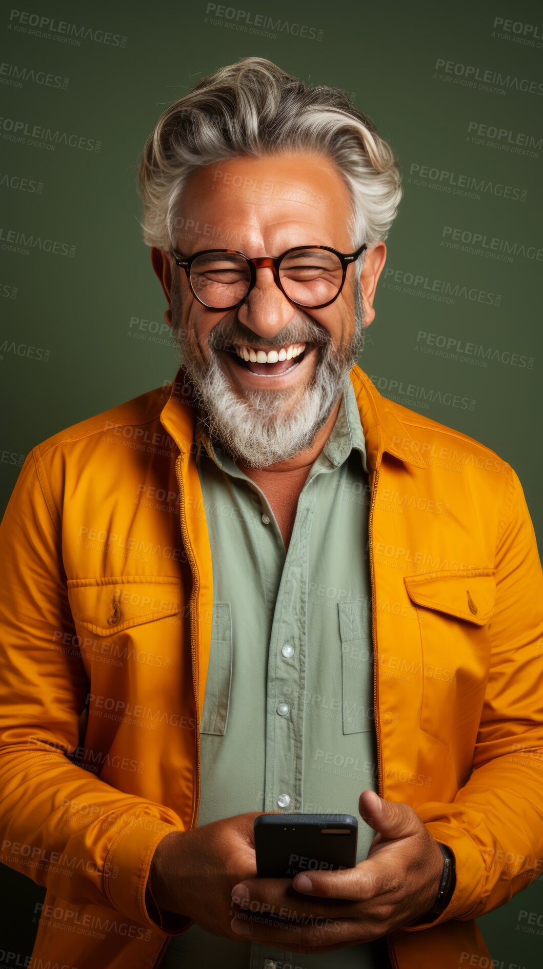 Buy stock photo Senior man, portrait and phone for social media app, internet and website on color background mockup. Face, smile and happy pensioner with mobile technology for influencer blog post in house with bokeh background