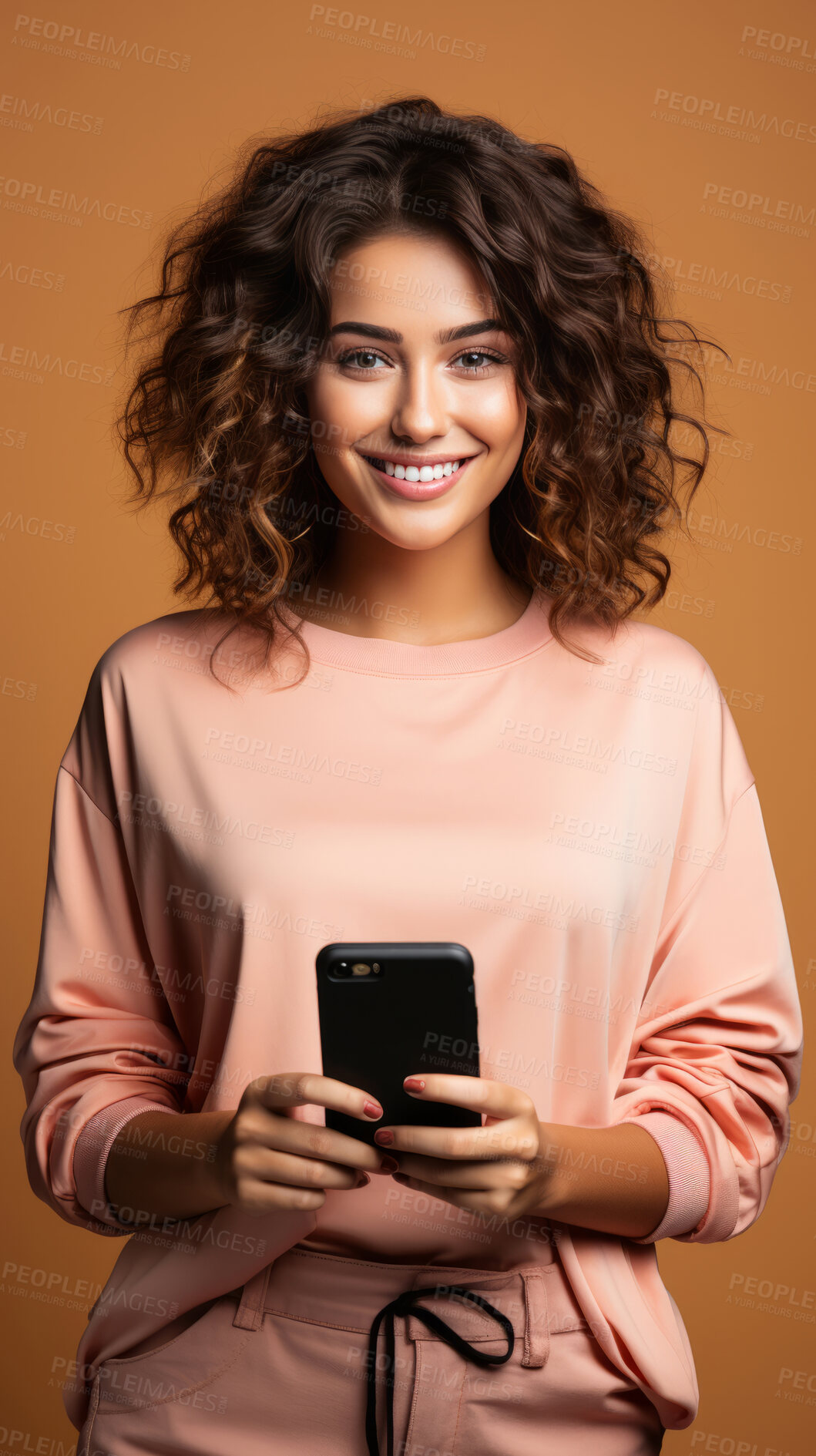 Buy stock photo Mixed race woman, portrait and phone for social media app, internet and website on dark background mockup. Face, smile and happy gen z person with mobile technology for influencer blog post in studio