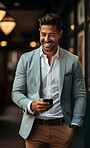 Business man, suit and phone for social media app, internet and website on dark background mockup. Face, smile and happy professional person with mobile technology for influencer blog post in studio