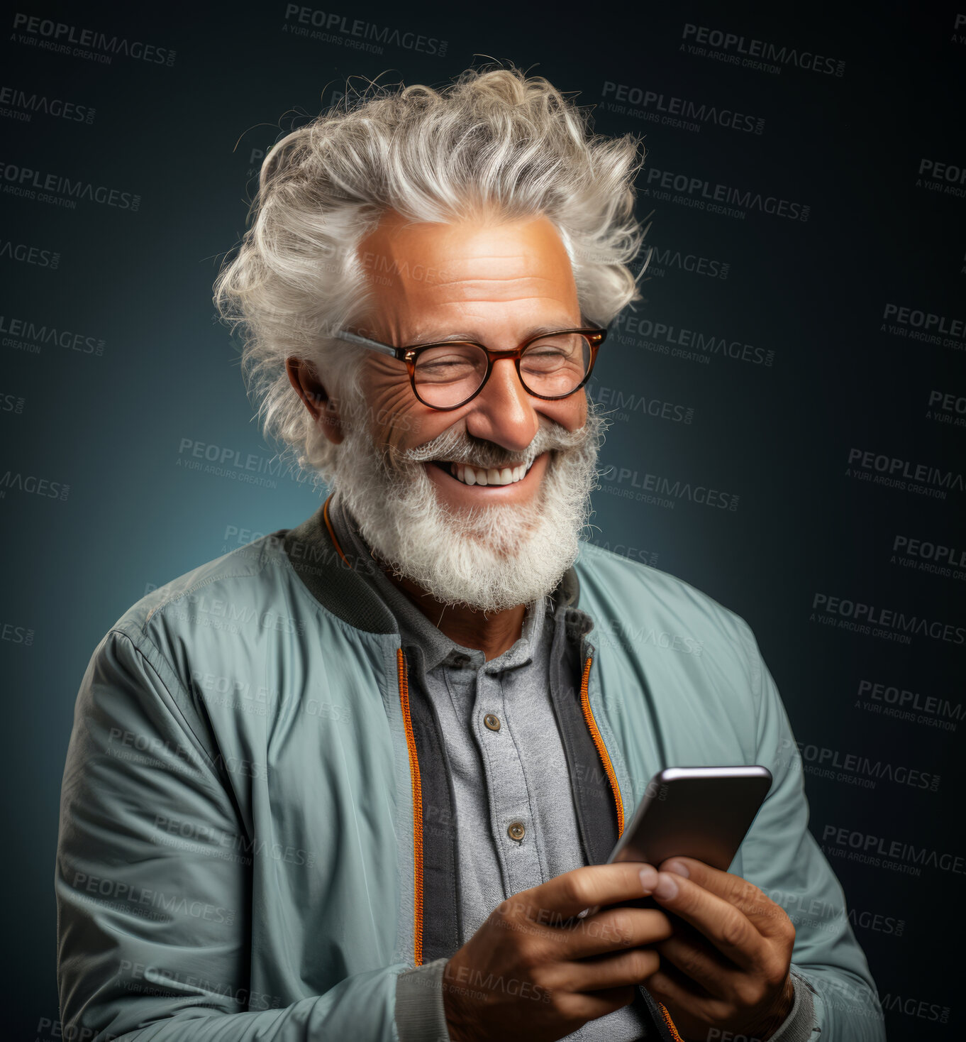 Buy stock photo Senior man, portrait and phone for social media app, internet and website on color background mockup. Face, smile and happy pensioner with mobile technology for influencer blog post in house with bokeh background