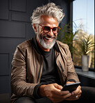 Senior man, sunglasses and phone for social media app, internet and website on dark background mockup. Face, smile and happy pensioner with mobile technology for influencer blog post in studio