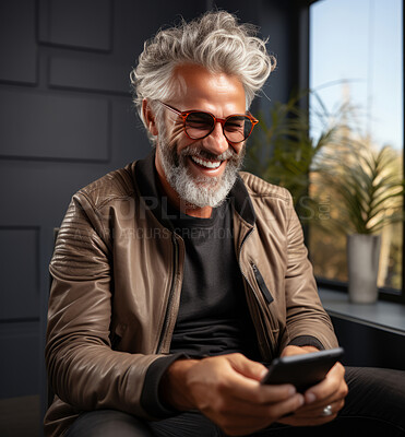 Senior man, sunglasses and phone for social media app, internet and website on dark background mockup. Face, smile and happy pensioner with mobile technology for influencer blog post in studio