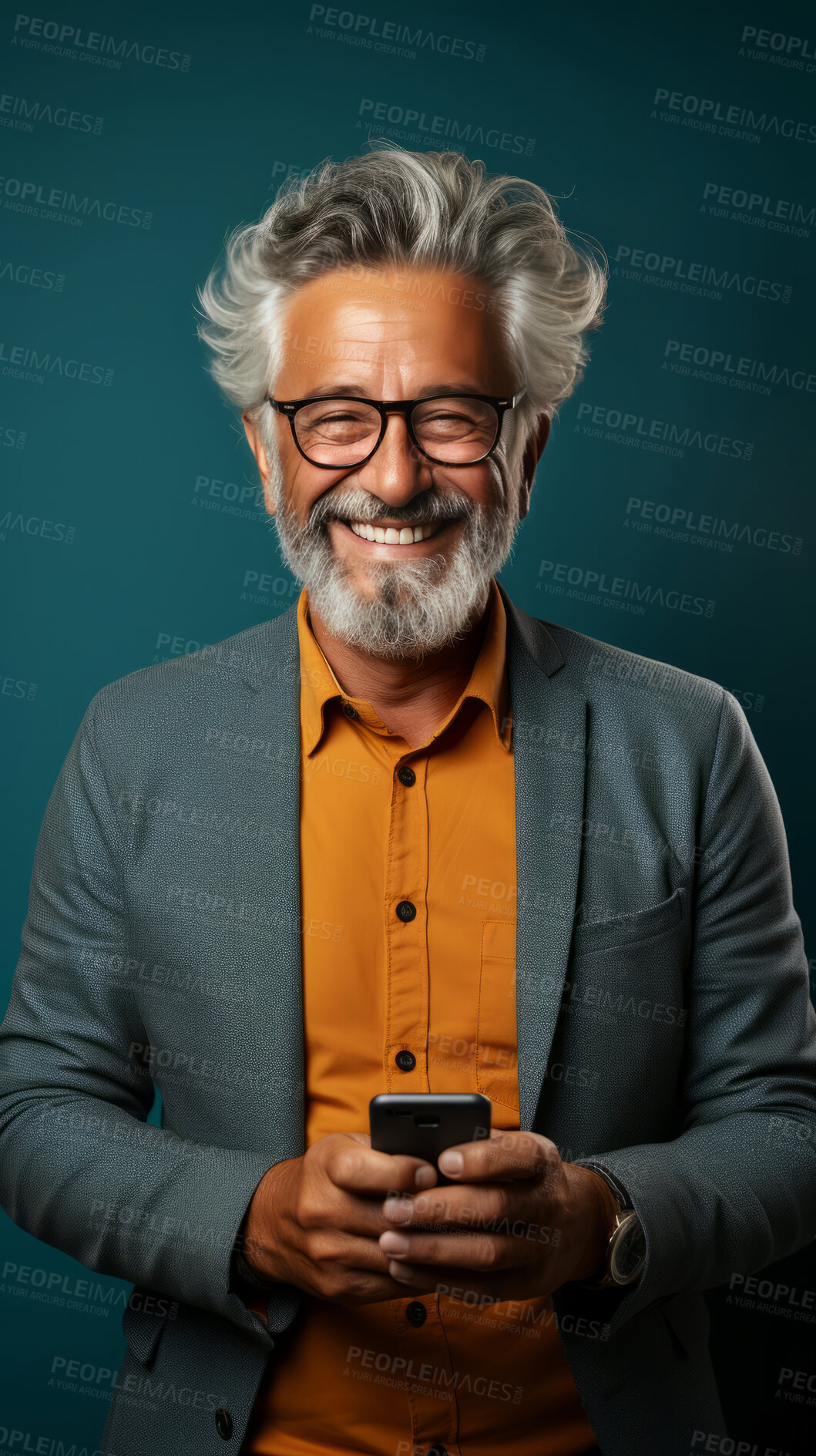 Buy stock photo Senior man, portrait and phone for social media app, internet and website on color background mockup. Face, smile and happy pensioner with mobile technology for influencer blog post in house with bokeh background