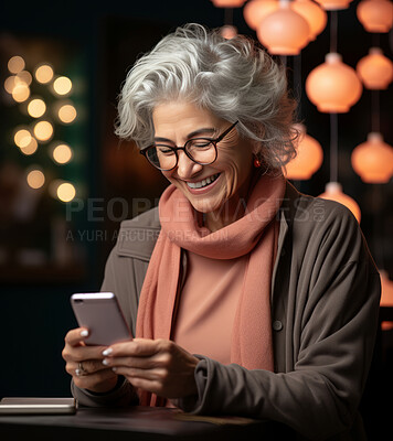 Senior woman, portrait and phone for social media app, internet and website on color background mockup. Face, smile and happy pensioner with mobile technology for influencer blog post in house