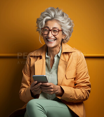 Senior woman, portrait and phone for social media app, internet and website on color background mockup. Face, smile and happy pensioner with mobile technology for influencer blog post in studio