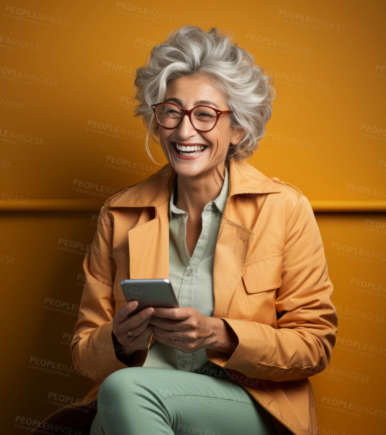 Buy stock photo Senior woman, portrait and phone for social media app, internet and website on color background mockup. Face, smile and happy pensioner  with mobile technology for influencer blog post in studio