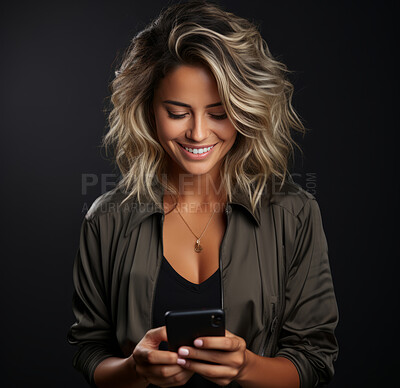 Blond female, portrait and phone for social media app, internet and website on dark background mockup. Face, smile and happy gen z person with mobile technology for influencer blog post in studio
