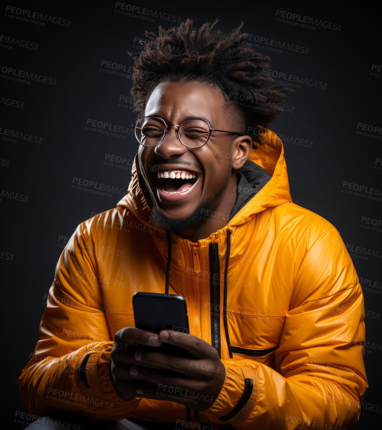 Buy stock photo Black man, phone and laughing on studio background for internet joke, meme and social media comedy. Smile, happy and funny gen z male person on mobile technology for website, humor and comic post