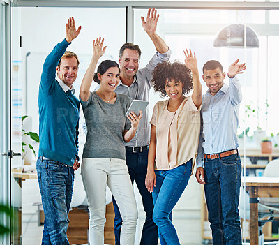 Buy stock photo Portrait of a diverse group of coworkers waving at the camera while standing in an office 