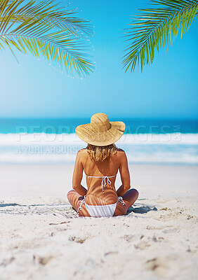 Buy stock photo Tropical, holiday and back of woman on beach sand for adventure, summer and vacation in Mauritius. Travel mockup, ocean and female person relax in bikini by ocean for tourism, traveling and getaway