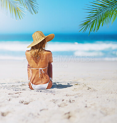 Buy stock photo Tropical, island and back of woman on beach sand for adventure, holiday and vacation in Mauritius. Travel mockup, ocean and female person relax in bikini for paradise, tourism and summer getaway