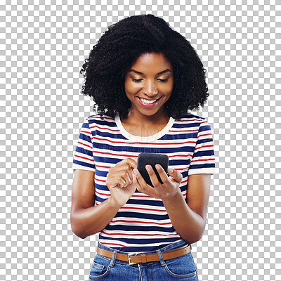 Buy stock photo Young woman, student and phone for social media, reading news or communication for opportunity. Happy African person typing, scroll or search internet on mobile isolated on transparent PNG background