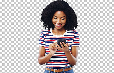 Buy stock photo Happy woman, student and phone for social media, reading news or communication for opportunity. Young African person typing, scroll or search internet on mobile isolated on transparent PNG background