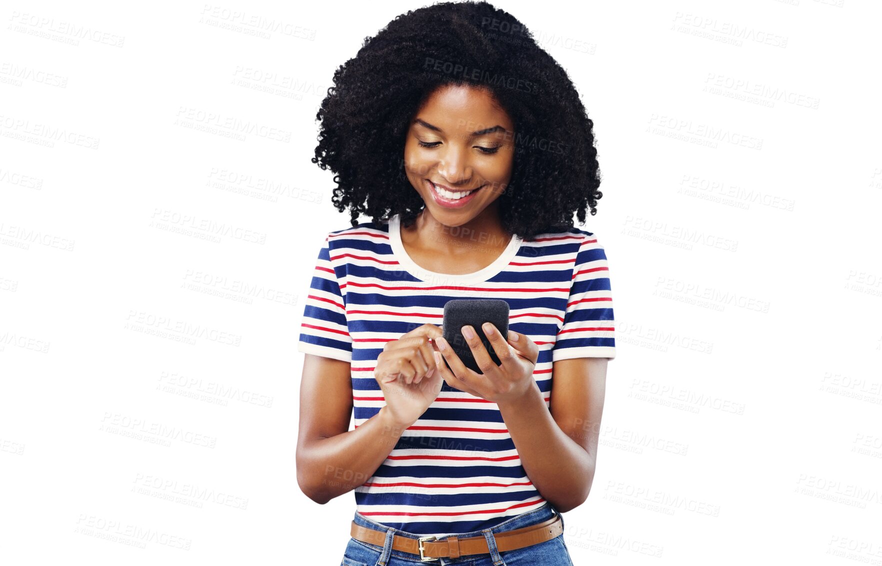 Buy stock photo Happy woman, student and phone for social media, reading news or communication for opportunity. Young African person typing, scroll or search internet on mobile isolated on transparent PNG background