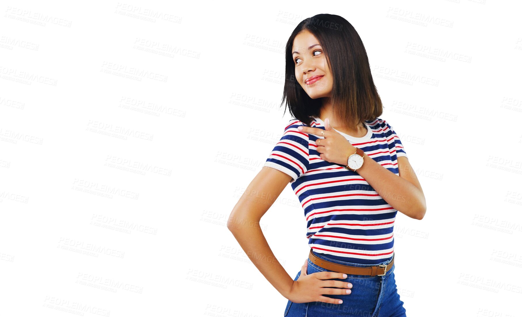 Buy stock photo Thinking, pointing and woman with promotion, opportunity and decision isolated on transparent background. Person, girl or model with hand gesture, presentation or announcement with information or png