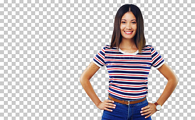 Buy stock photo Woman, portrait and happy with beauty or fashion with casual outfit isolated on png transparent background. Person, face or smile with confidence, pride or relaxing for trendy style or cool aesthetic